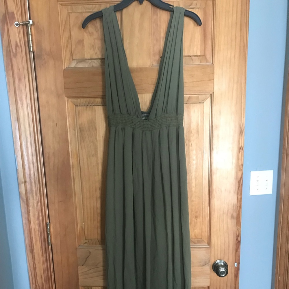Army Green plunge neckline floor length dress